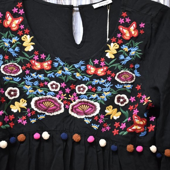 Jodifl Black Boho Embroidered Top Pom Pom XL - Picture 2 of 8